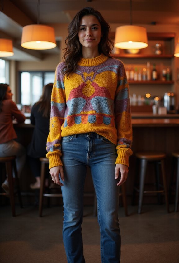 bold sweater simple jeans