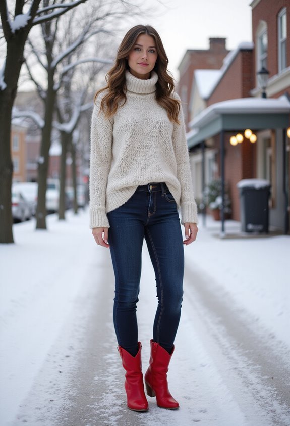 chunky turtleneck dark jeans red boots