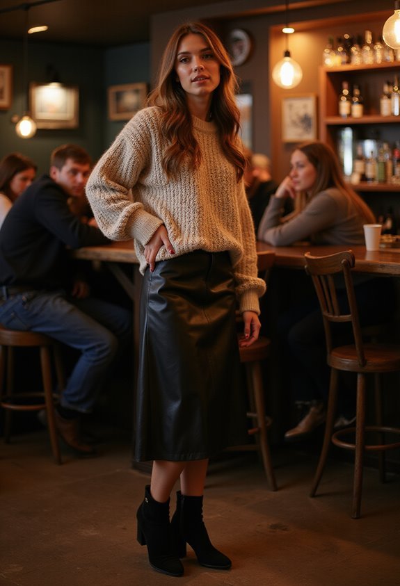 cozy sweater edgy skirt