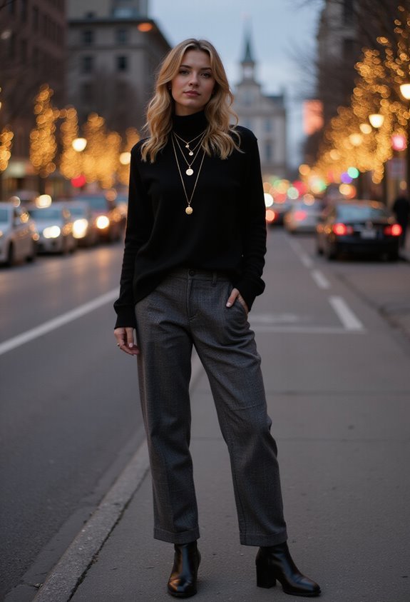 layered necklaces turtleneck sweater