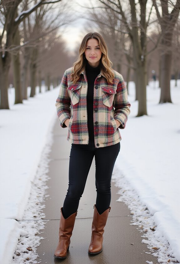 plaid shacket black jeans boots