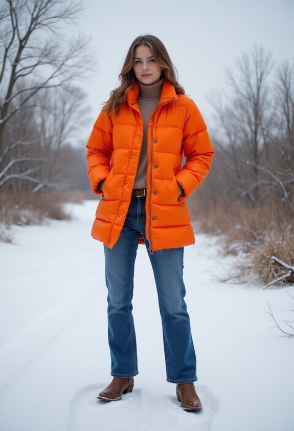 puffer coat straight leg jeans