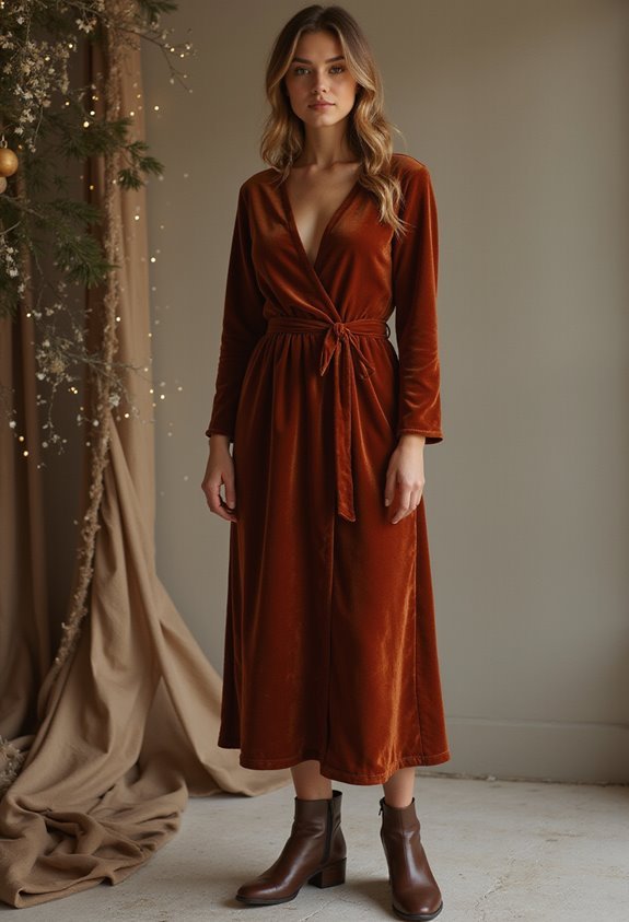 rust velvet wrap dress