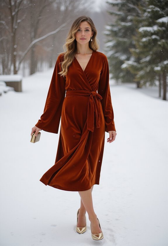 rust velvet wrap dress