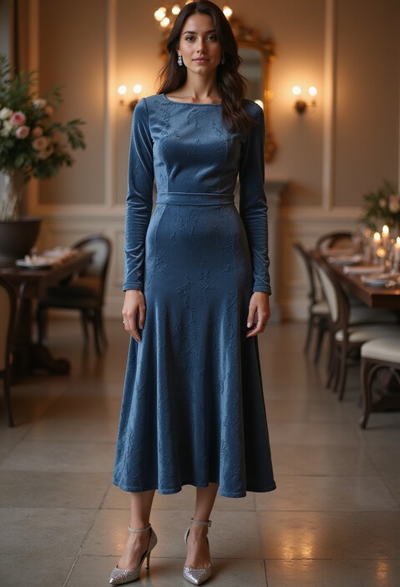 steel blue velvet dress