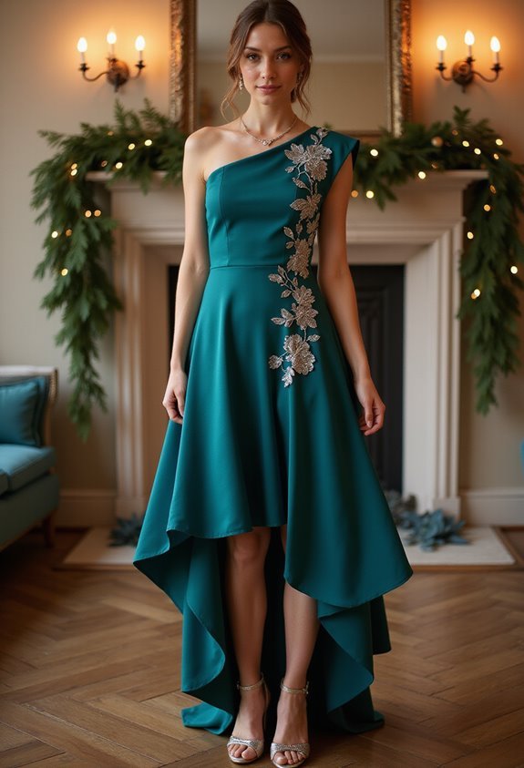 teal asymmetrical embroidered dress