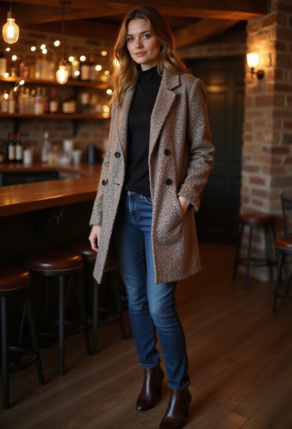 textured coat slim turtleneck jeans