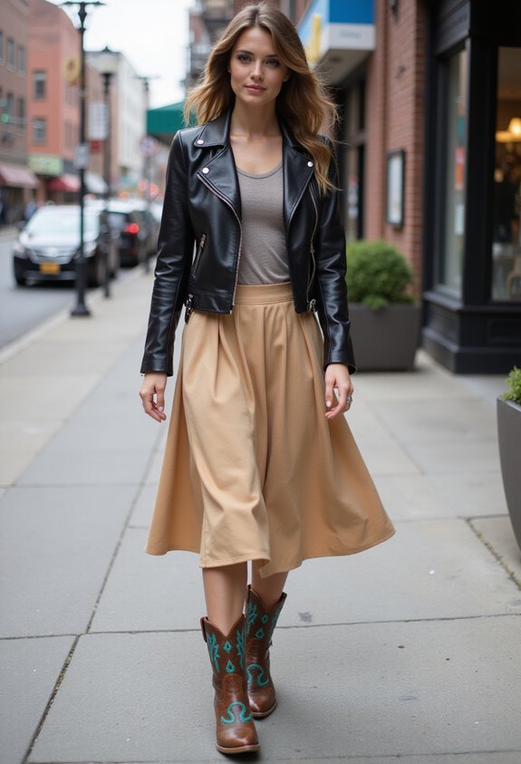 turquoise boots leather jacket