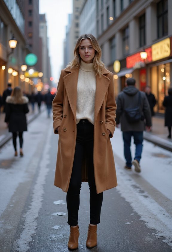 warm camel coat ensemble