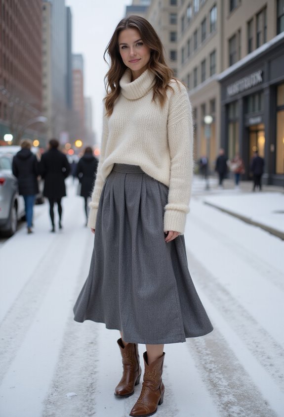 warm turtleneck flowing midi skirt