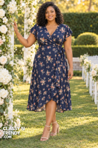 1. Navy Floral Wrap Midi for Garden Ceremonies