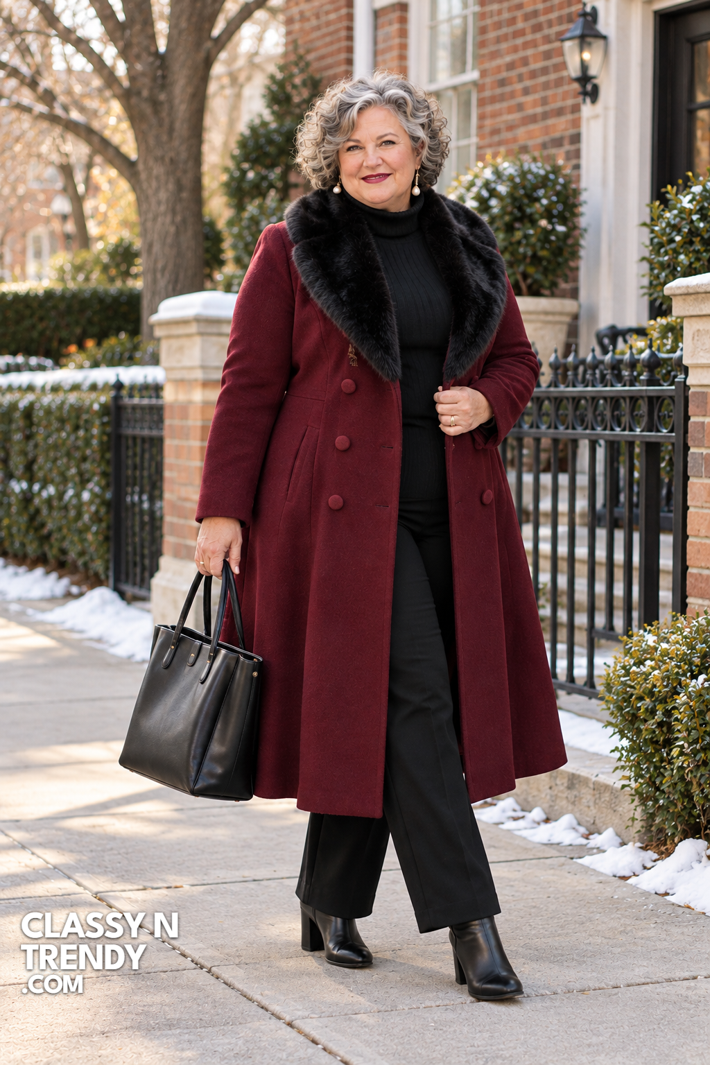 1. Burgundy Coat with Faux Fur Collar
