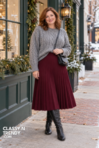 1. Burgundy Pleated Skirt and Sweater
