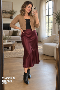 1. Burgundy Satin Skirt and Cardigan