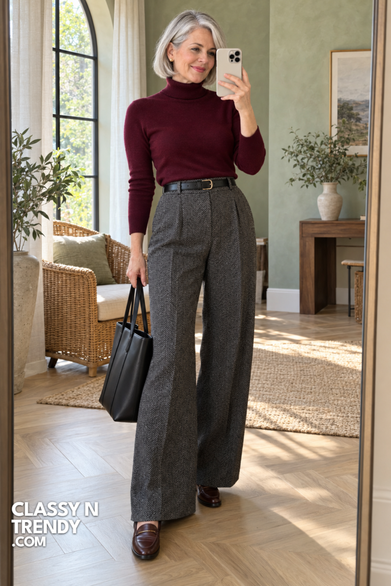 1. Burgundy Turtleneck and Wide Trousers