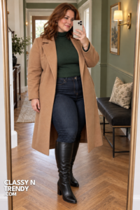 1. Camel Coat with Green Turtleneck