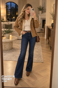 1. Camel Jacket and Flare Jeans