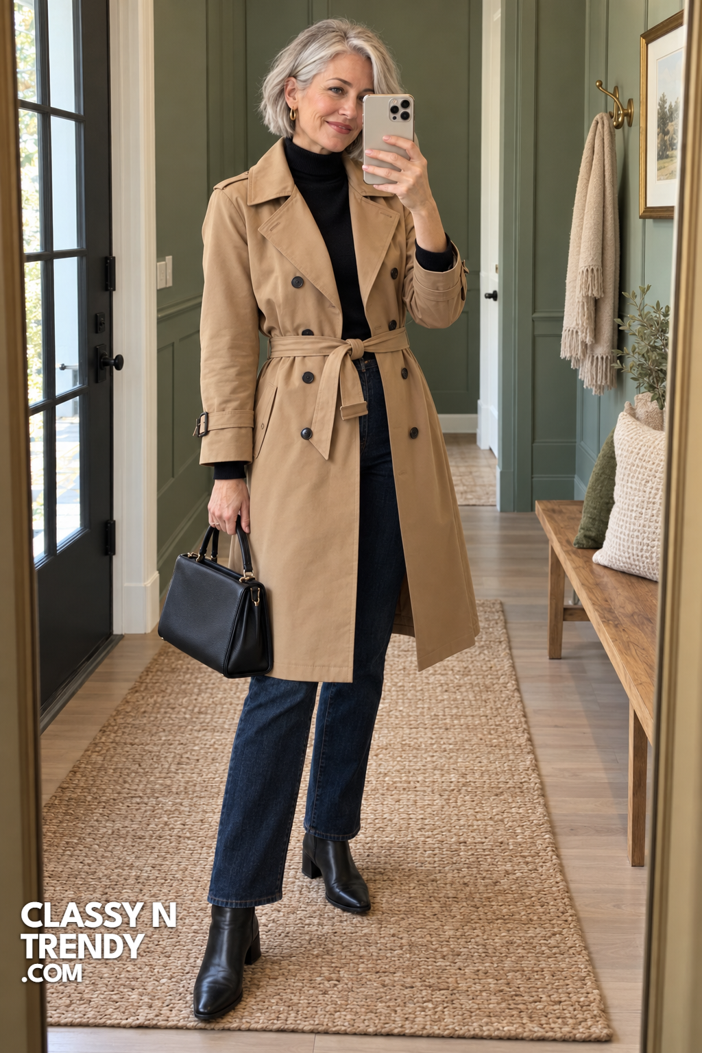 1. Camel Trench With Black Ankle Boots