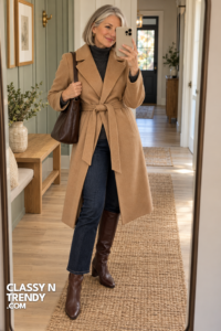 1. Camel Wrap Coat and Chocolate Boots