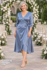 1. Dusty Blue Satin Wrap Midi Dress