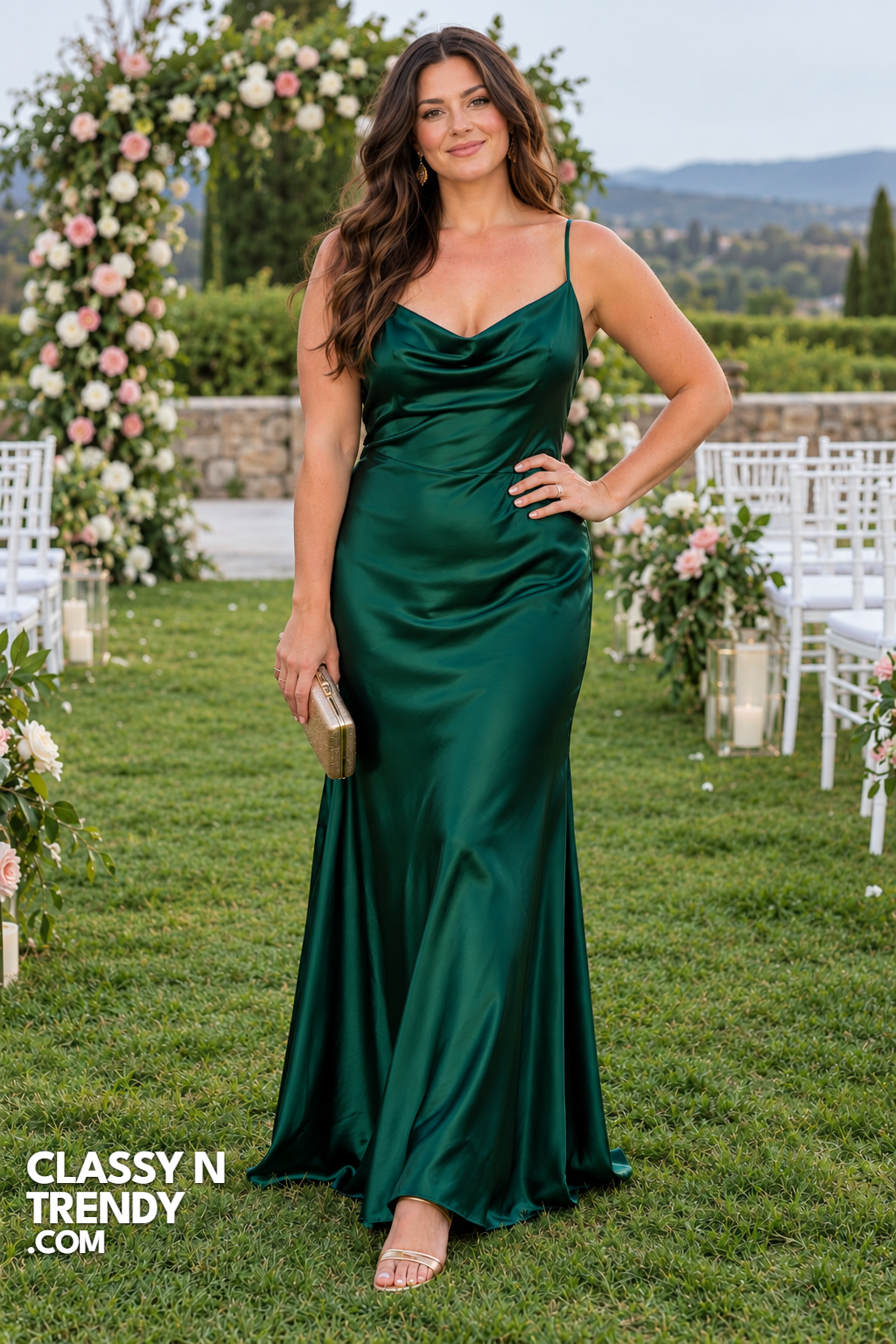 1. Emerald Satin Slip Dress for Garden Weddings
