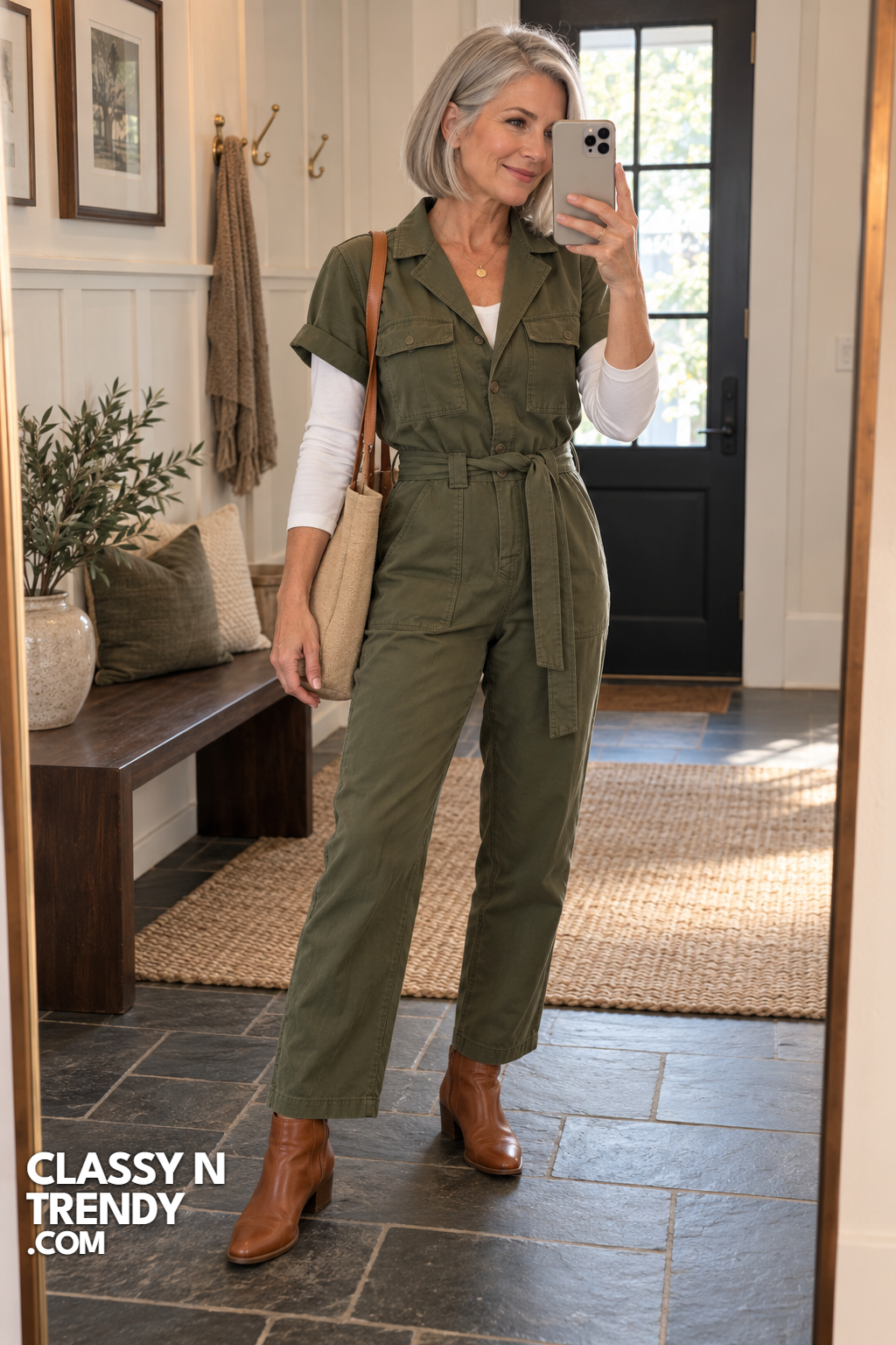 1. Olive Jumpsuit and White Tee