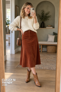 1. Rust Corduroy Midi Skirt with Cream Cable Sweater