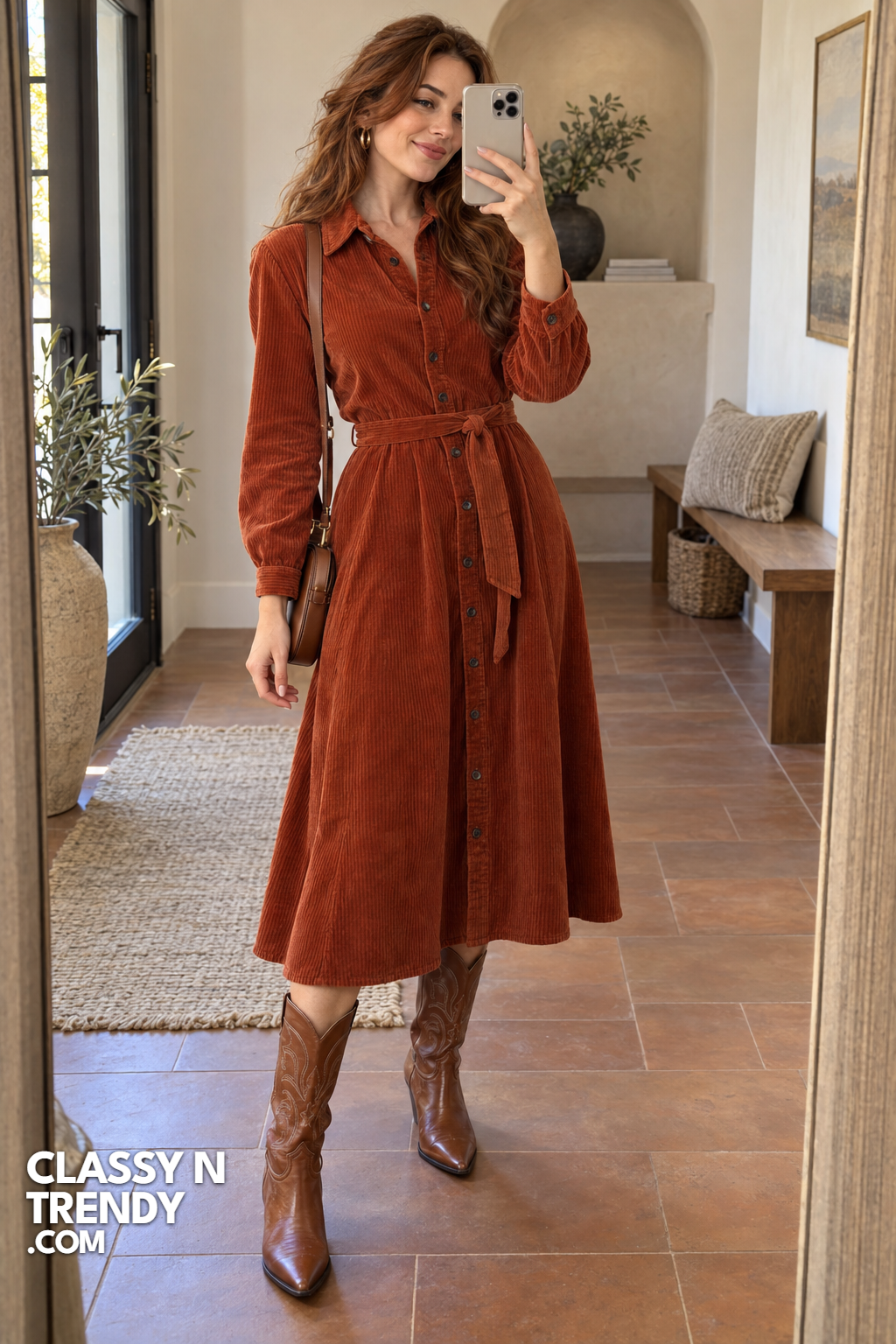 1. Rust Corduroy Shirt Dress