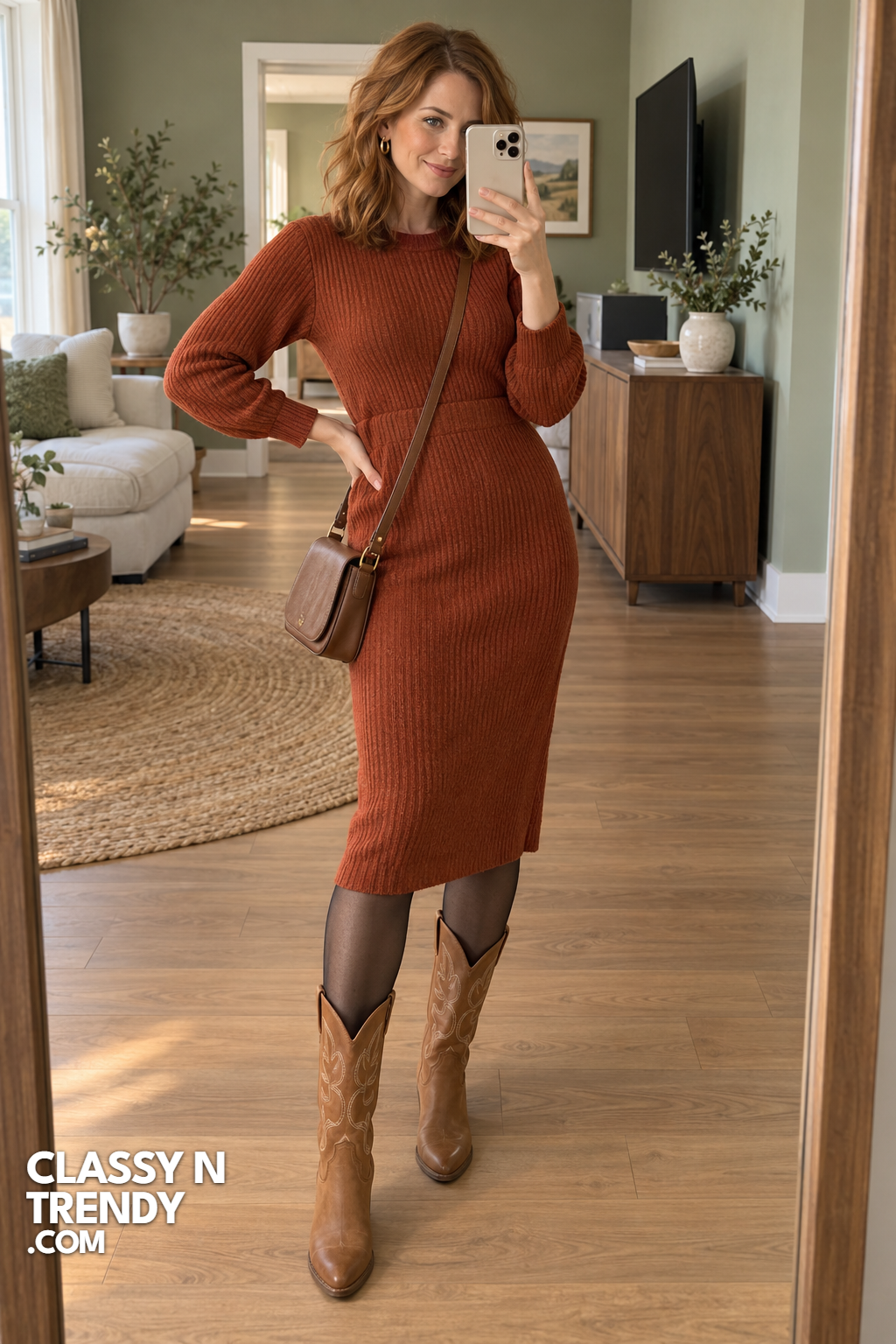 1. Rust Knit Sweater Dress with Tan Boots