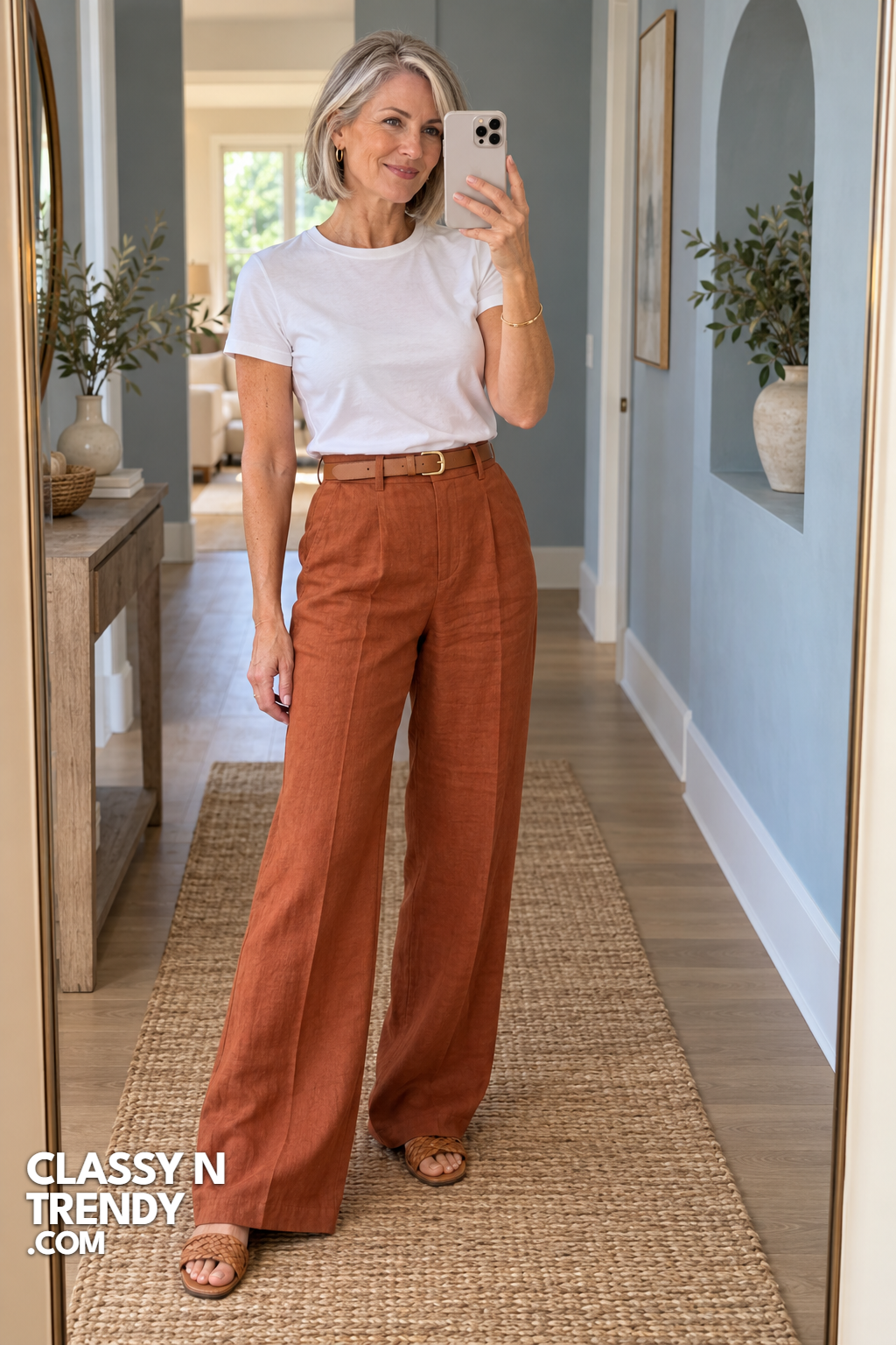 1. Rust Linen Pants and White Tee