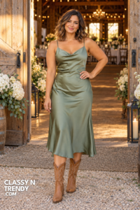 1. Sage Satin Midi Dress with Tan Boots