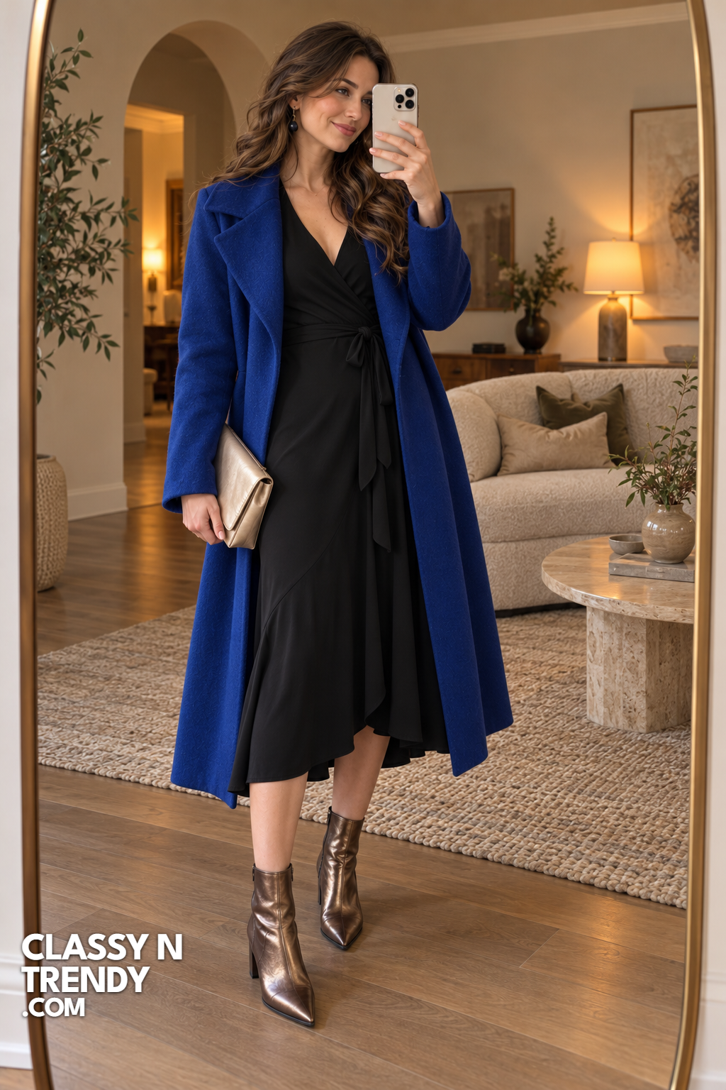 10. Black Crepe Dress and Cobalt Wool Coat