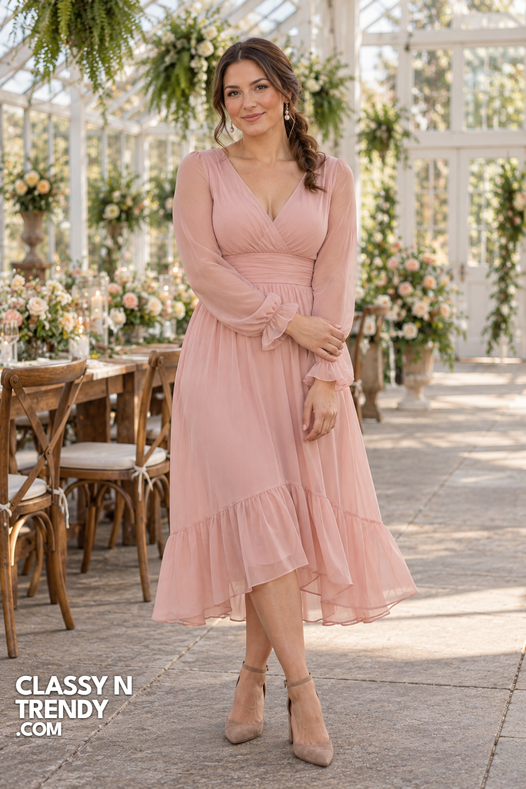 10. Blush Pink Chiffon Midi With Ruffle Hem