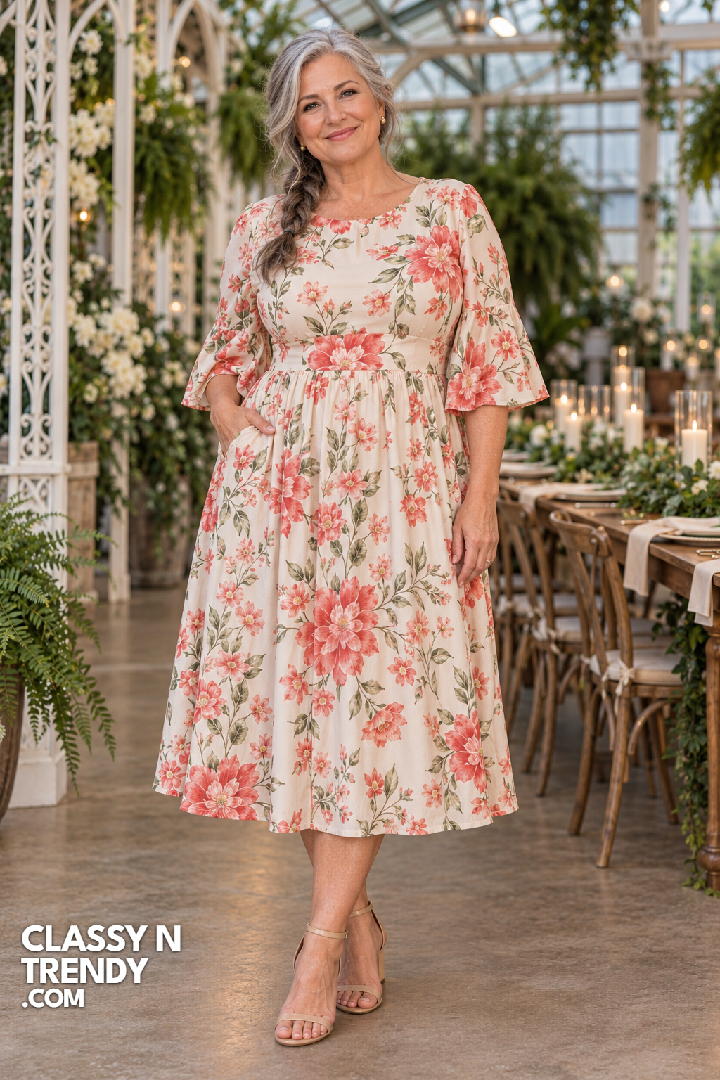 10. Coral Floral Print Bell Sleeve Dress