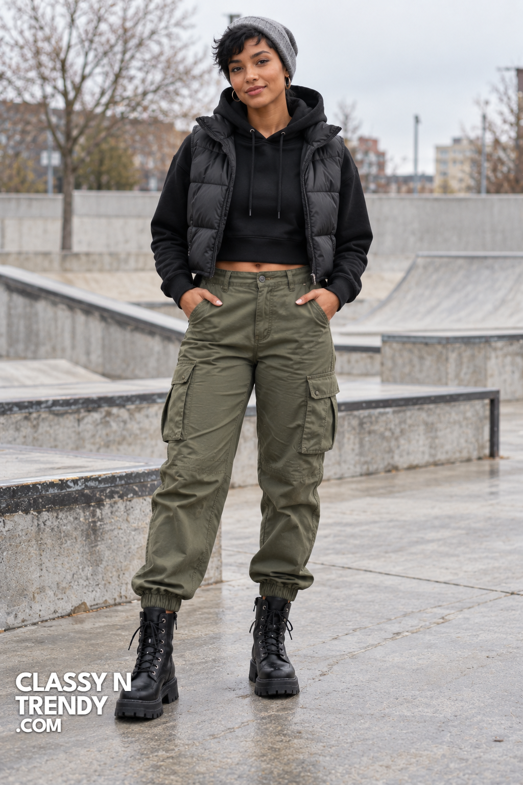 10. Edgy Cargo Pants & Puffer Vest Styling