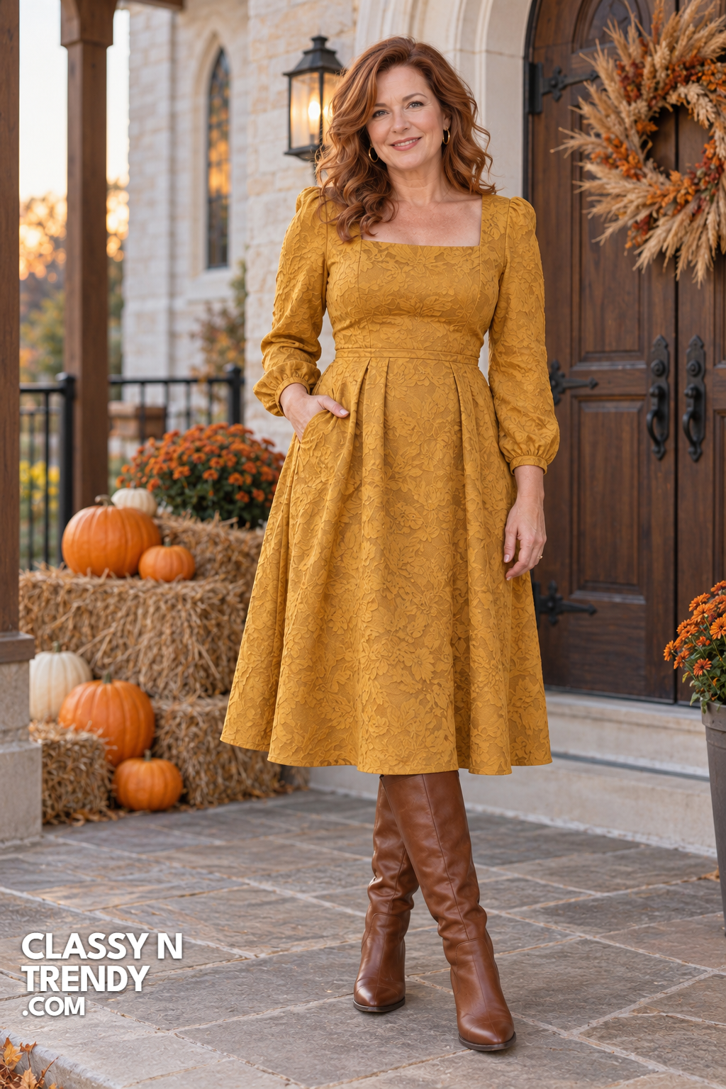 10. Mustard Jacquard Dress With Brown Boots