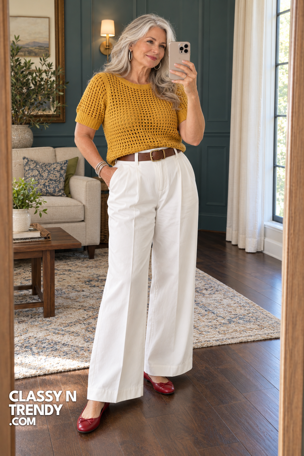 10. Mustard Knit with White Pants