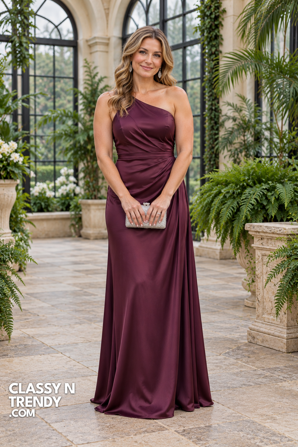 10. Plum One Shoulder Satin Gown