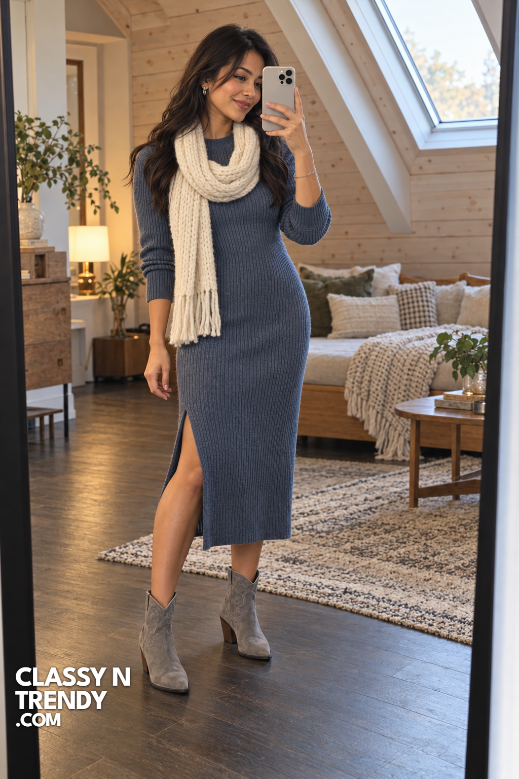 10. Slate Blue Knit Dress and Chunky Ivory Scarf
