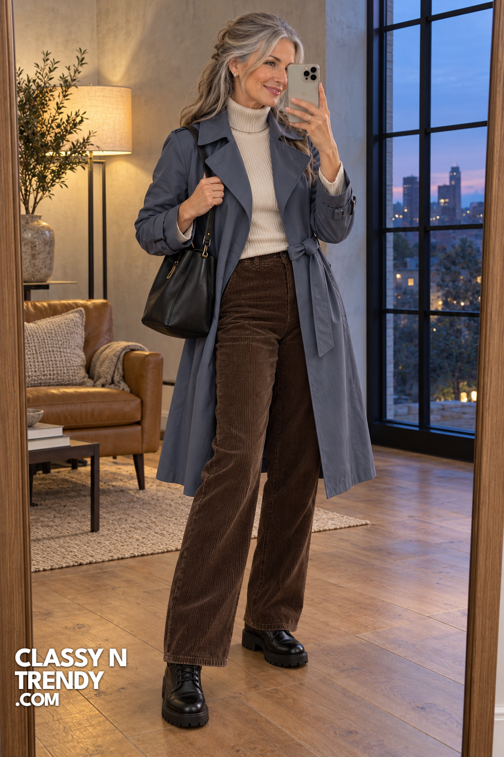 10. Slate Blue Trench With Corduroy Pants