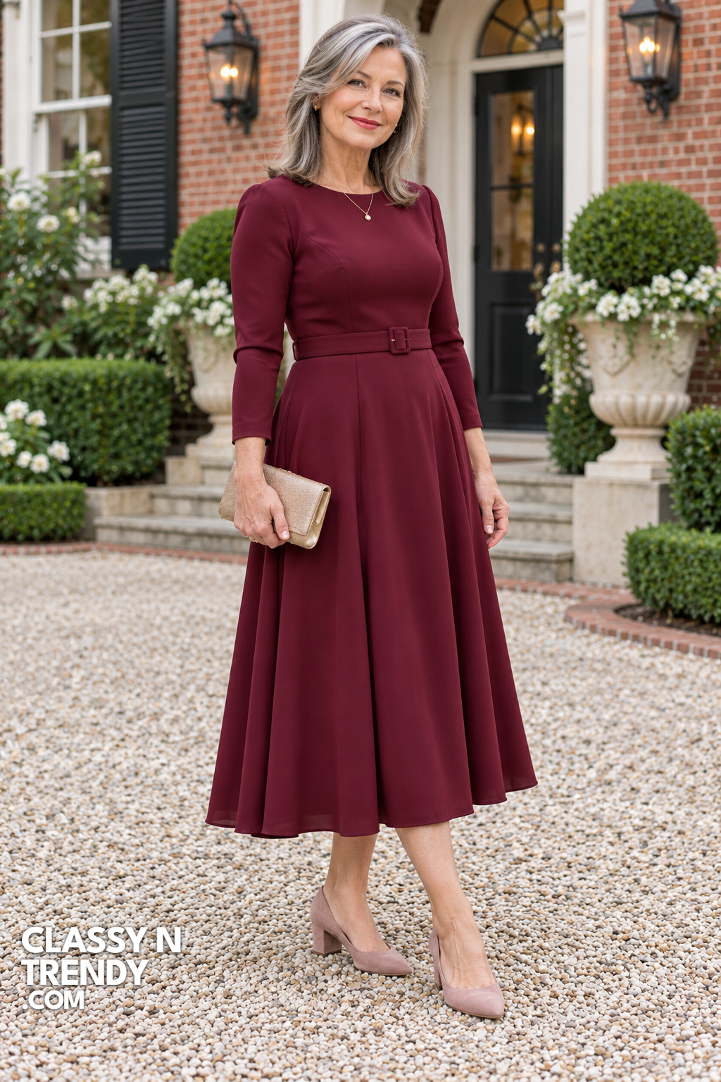 11. Burgundy Belted Midi Dress