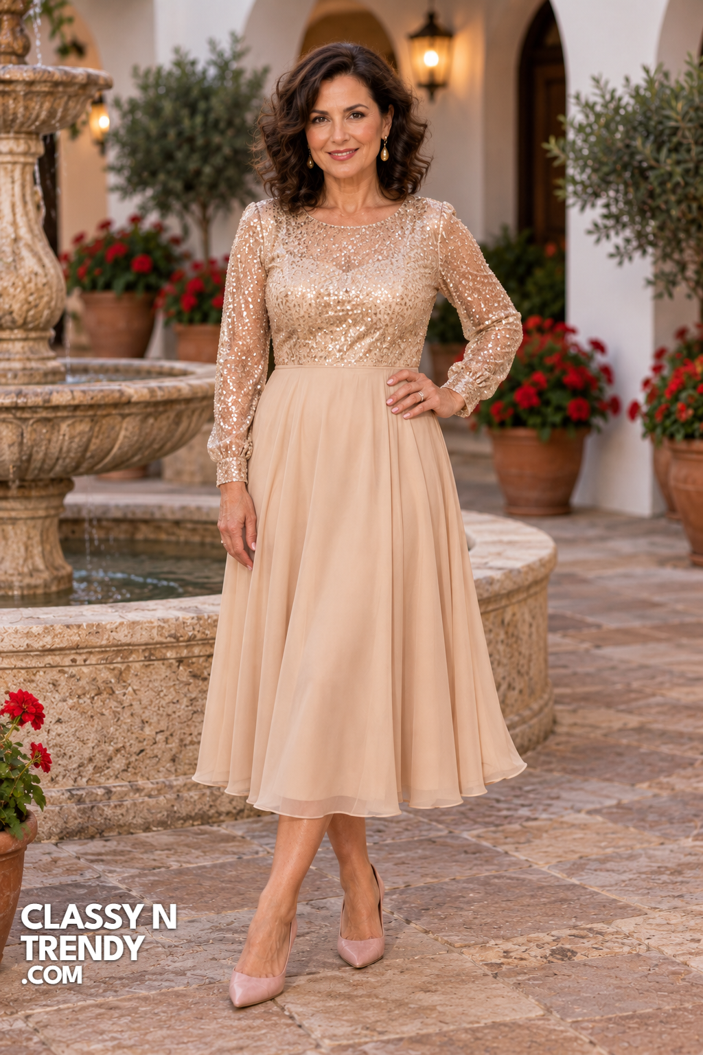 11. Champagne Sequin Sleeve A Line Dress