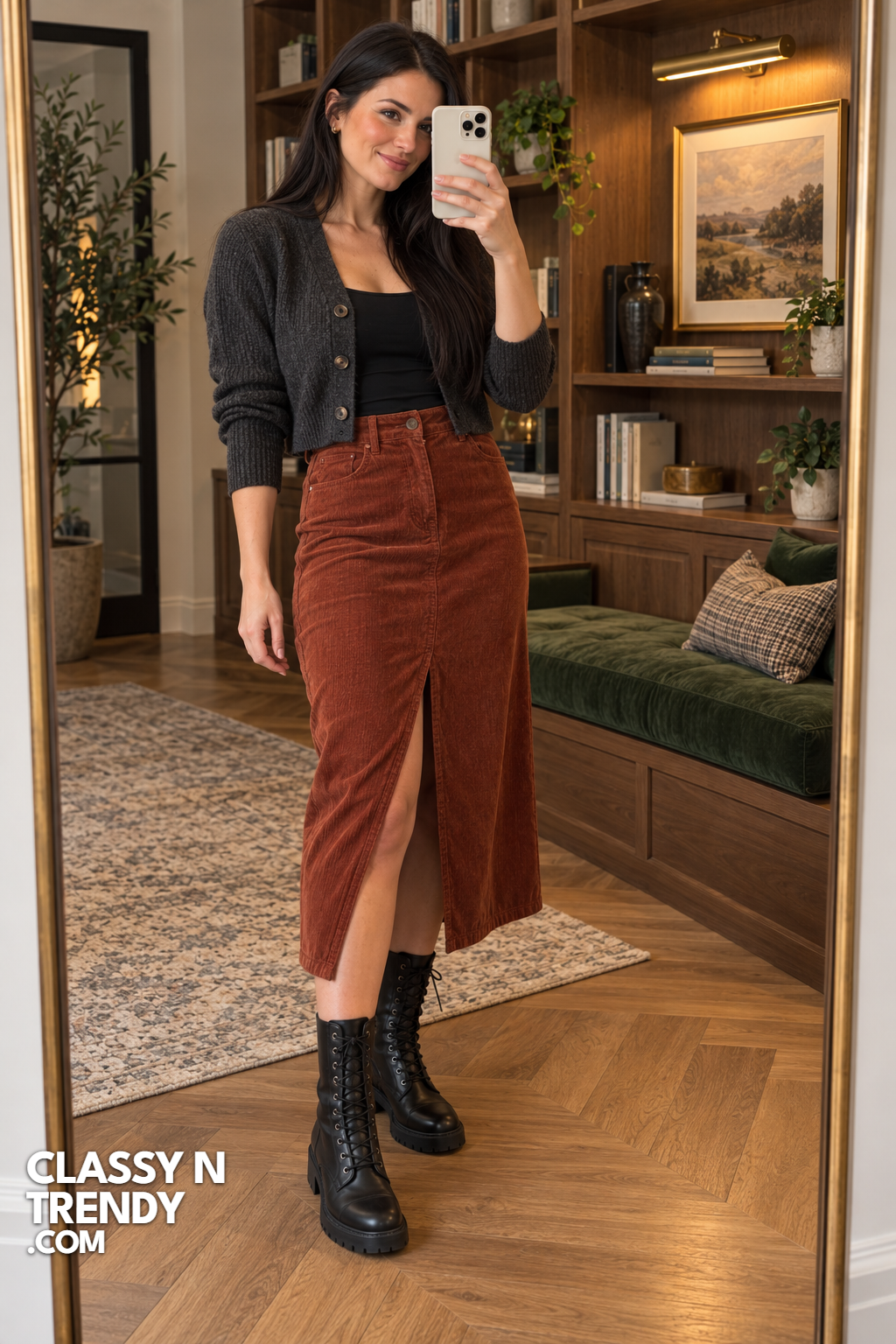 11. Combat Boots Under a Rust Corduroy Skirt