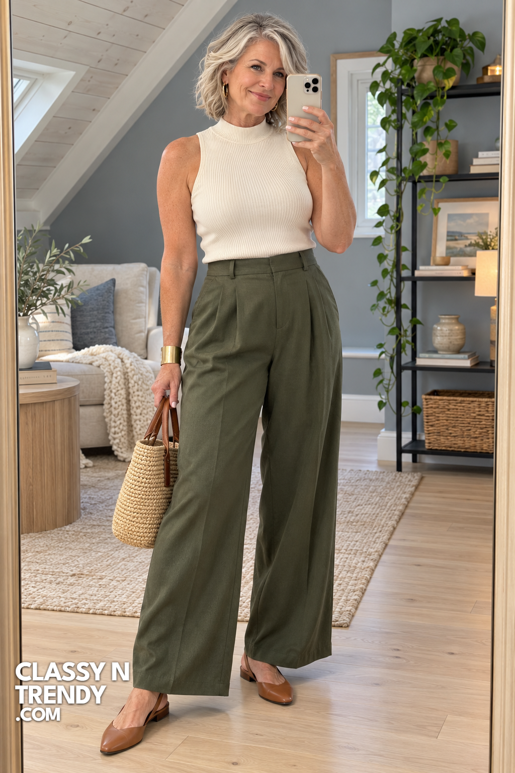 11. Olive Pants and Cream Tank