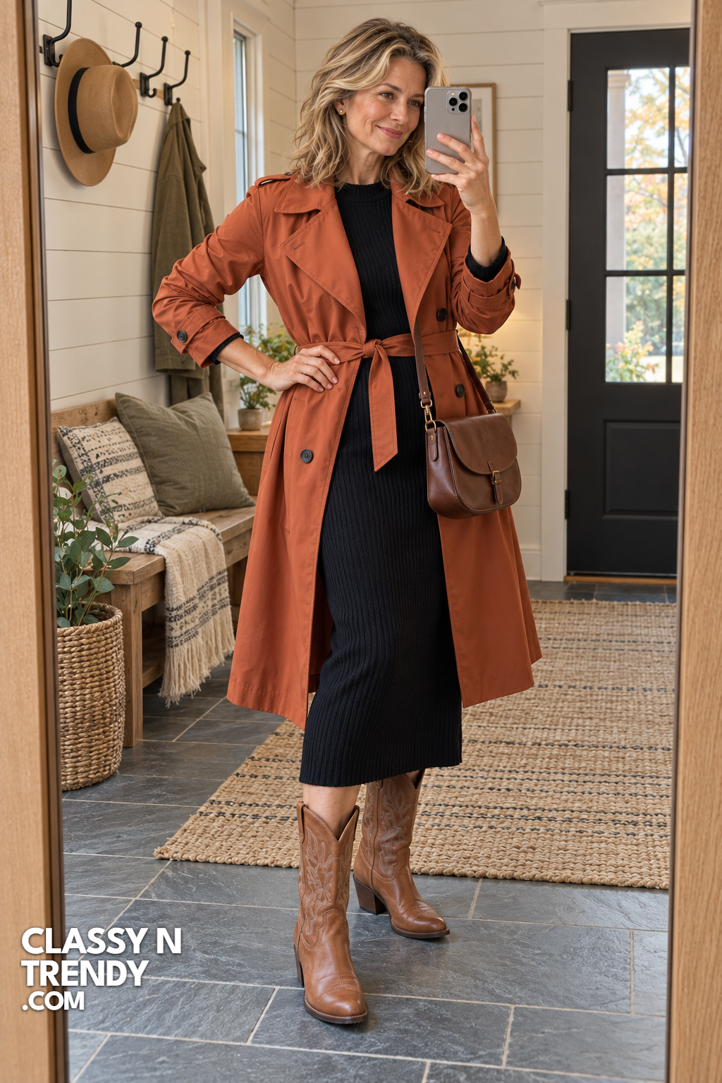 11. Terracotta Trench With Cowboy Boots
