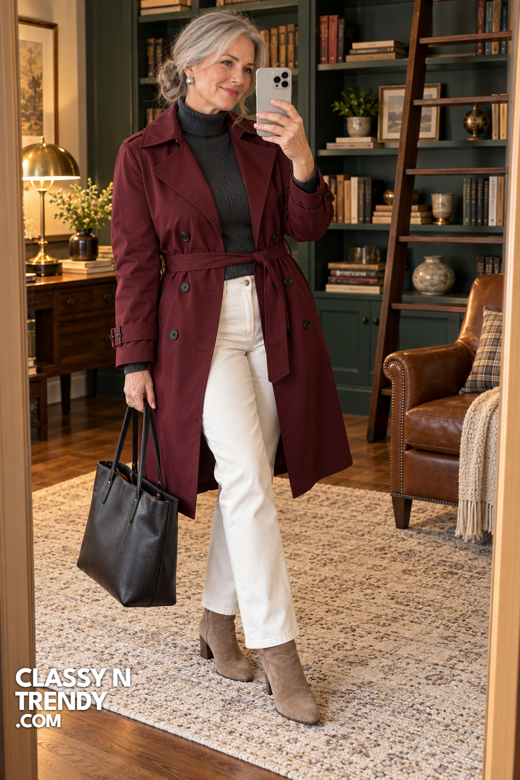 12. Burgundy Trench With White Jeans
