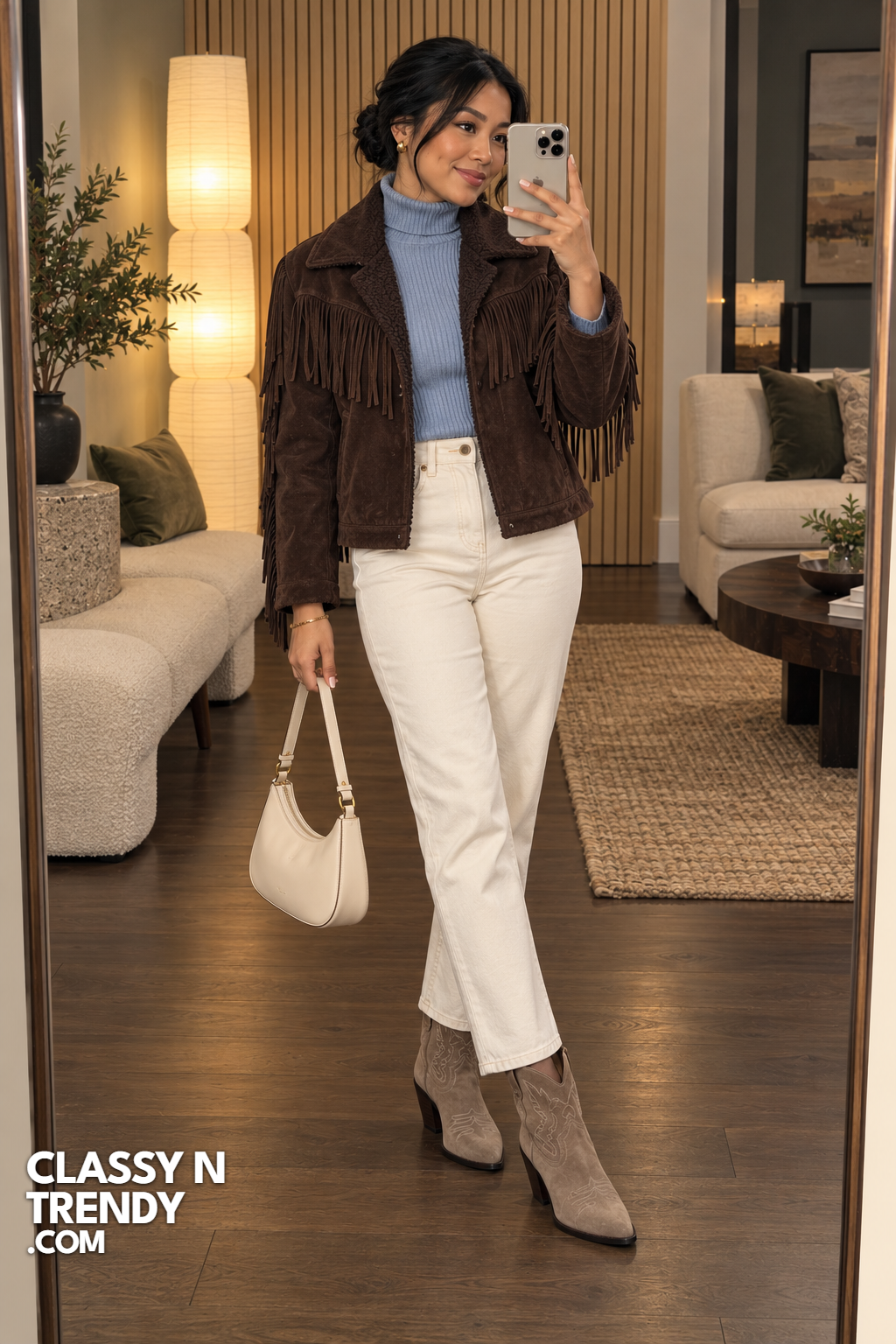 12. Chocolate Fringe Jacket and White Jeans
