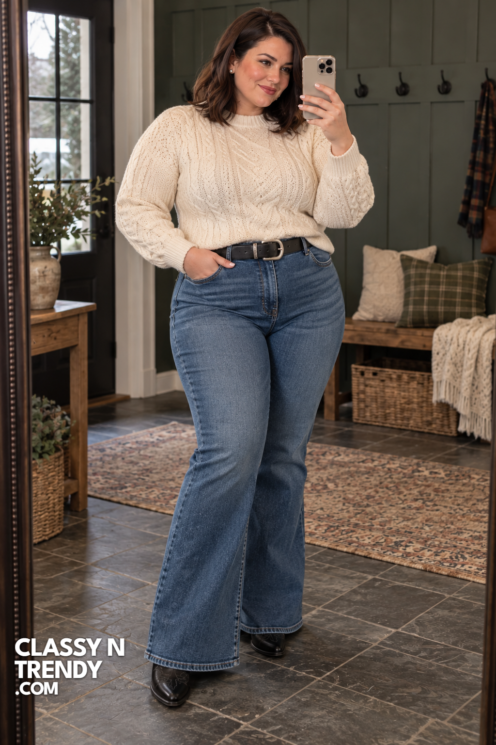 12. Flare Jeans and Cream Cable Knit