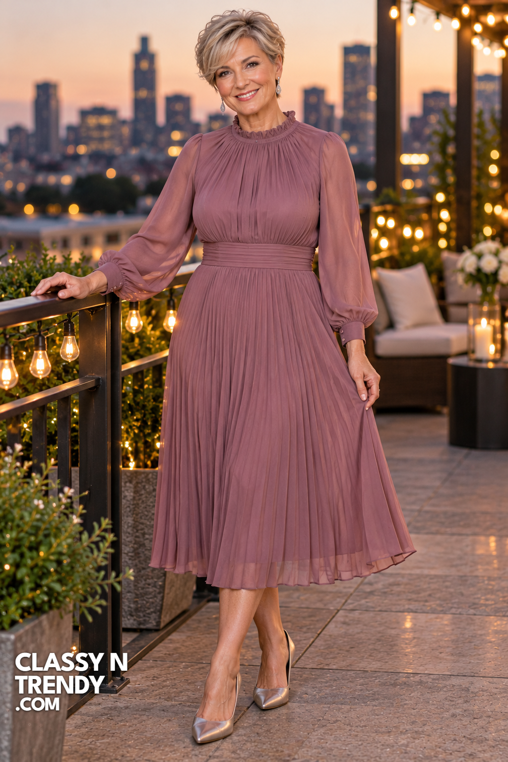 12. Mauve Pleated Chiffon Midi Dress
