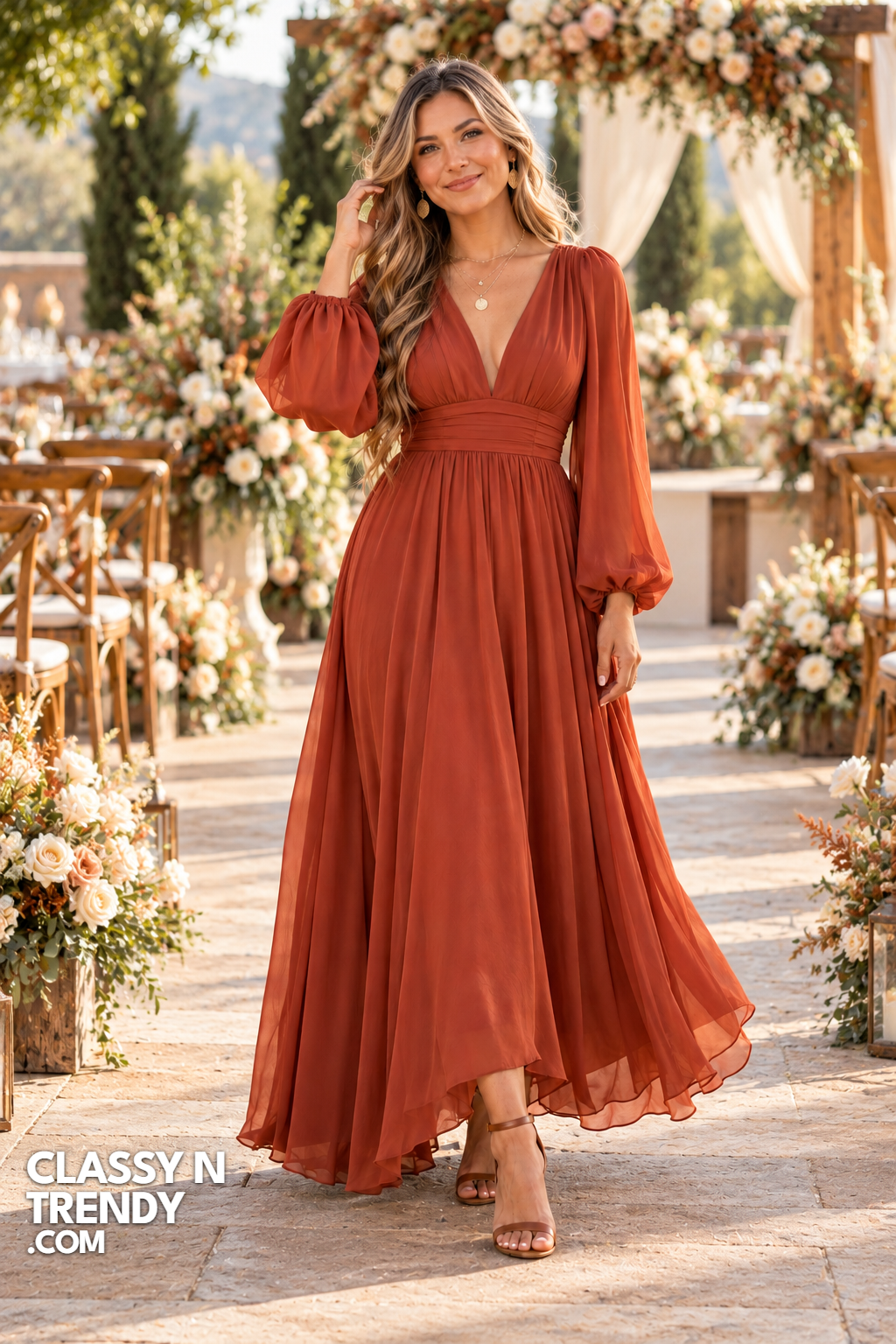 12. Rust Chiffon Maxi With Balloon Sleeves